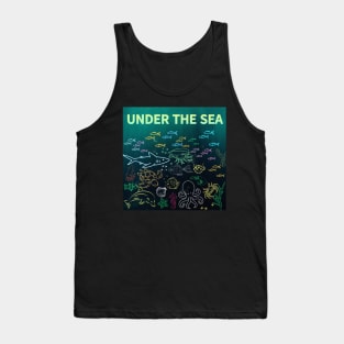 under the sea,blue sea,sea creatures,Turtle, puffer fish, starfish, shrimp, shark, tropical fish, sea horse, seaweed, sardines, squid, crabs, clams Tank Top